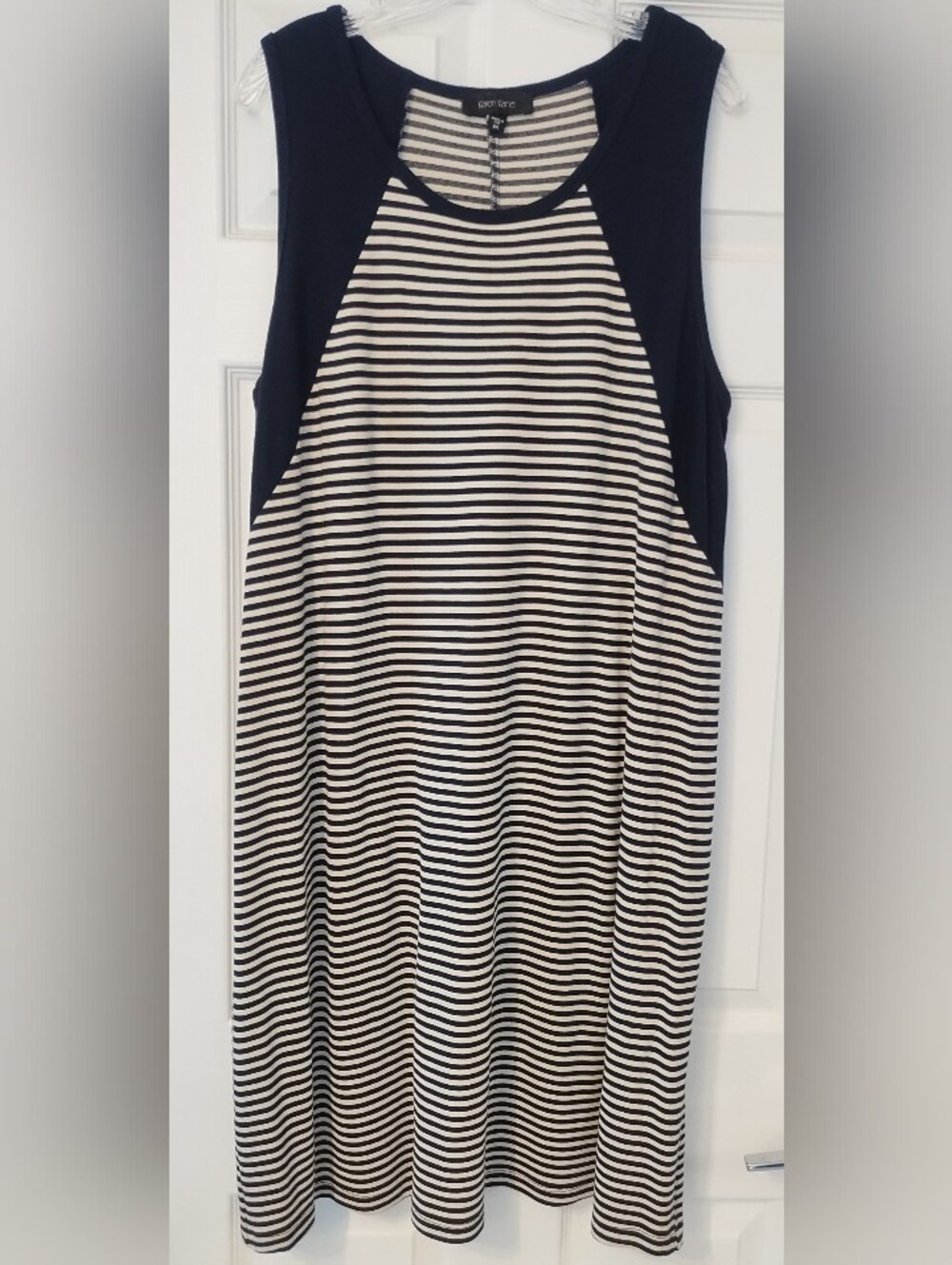 Karen Kane Womens Navy Blue Tan Striped Sleeveless A-Line Dress 2X USA Stretch